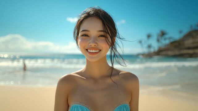 Asian young woman enjoying on a beach. Summer vacation travel in Maldives Malacca seaside resort concept. 16:9 Video clip.