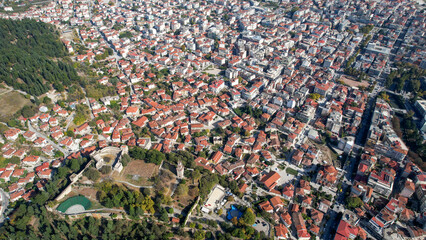 Aerial view around the mountain village Metsovo in Greece on an overcast afternoon in autumn