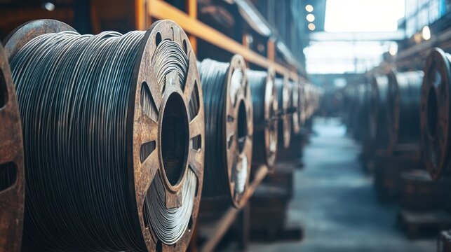 Rolls of steel wire in a warehouse. The industrial concept of manufacturing and production. The image highlights the industrial environment and the materials used in the manufacturing process.