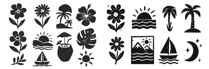 Set of hand-drawn summer vacation icons with a textured block print style featuring tropical flowers, palm trees, and beach elements © Andrei