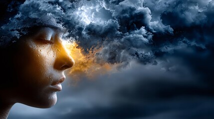Woman feeling inner turmoil with dramatic clouds emerging from head