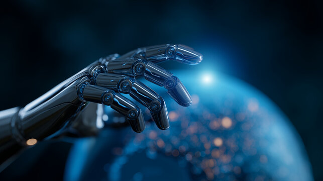 A robotic hand polished steel glowing under cool blue neon extends toward a massive holographic globe. Across its surface glowing data highways and luminous markets shift in rea