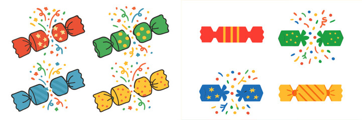 Fototapeta premium Set of colorful Christmas crackers with exploding confetti for holiday party celebrations, festive poppers collection isolated on a white background