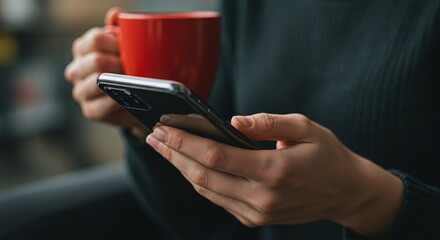 Woman using phone and drinking coffee, close-up