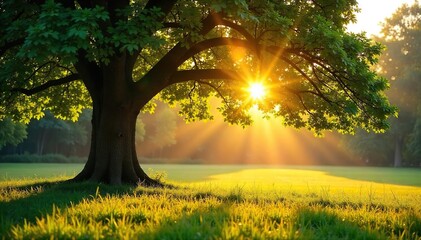 Obraz premium Sunlit Leaves Tranquil Sunday Morning in Nature, Dappled Sunlight, Peaceful Scene, Serenity, Relaxation