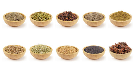 Classic Spice Collection of Whole Seeds Including Cumin, Coriander, Fennel, and Mustard in Culinary Setup