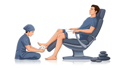 Man receiving a relaxing foot massage and pedicure treatment from a professional therapist in a comfortable spa chair with hot stones nearby