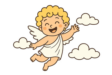 Cute cartoon cupid angel flying in the sky with clouds for Valentine's Day celebration, a happy cherub character with wings
