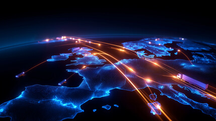 A vast logistics control hub glows with AI driven supply chain visuals glowing routes connecting across holographic maps of continents. Trucks ships and planes are represented