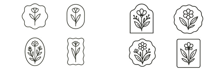 Minimalist floral logo templates with botanical line art elements, simple flower and leaf designs in modern frames for branding