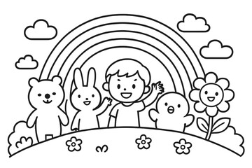 Cute coloring page line art of a happy boy waving with his animal friends a bear, rabbit, and chick under a rainbow with clouds and flowers
