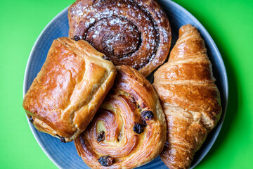 Selection Of Baked Danish Breakfast Pastries Croissant, Cinnamon Swirl, Pain Au Raisin, Choc Au Pain