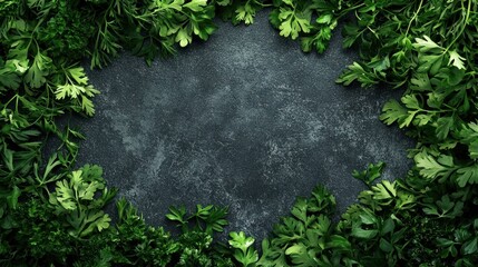 A dark, textured surface with a green, leafy border.