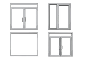 Collection of modern aluminum glass doors and windows with various configurations for architectural visualization and building design