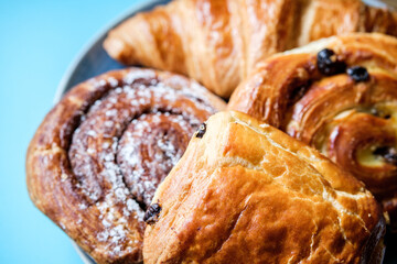 Selection Of Baked Danish Breakfast Pastries Croissant, Cinnamon Swirl, Pain Au Raisin, Choc Au Pain