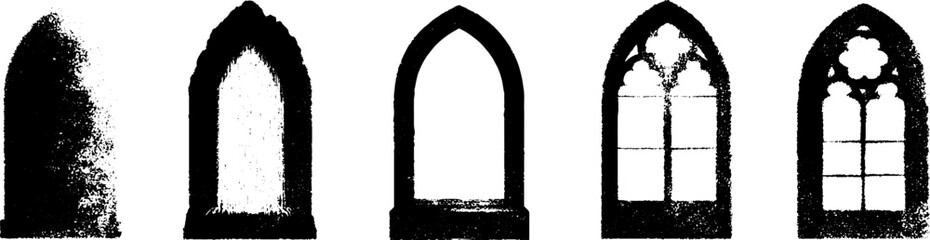 Grunge black and white gothic architecture windows set for design and decor