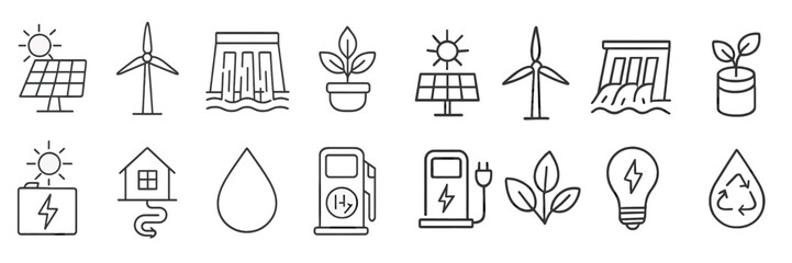 Renewable energy line icon set with solar panel, wind turbine, and hydroelectric dam symbols for green power and ecology concepts