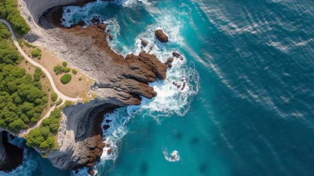 Scenic rock cliff and blue ocean with stormy waves. Drone view