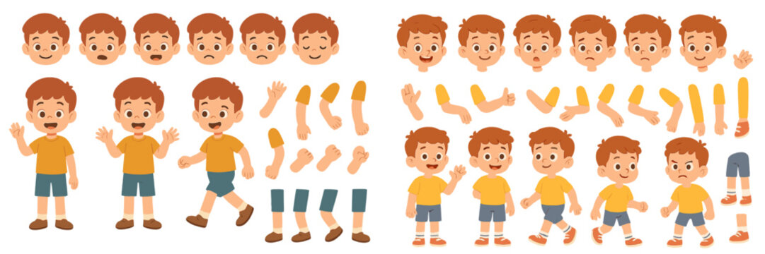 Cartoon boy character creation kit with various facial expressions, hand gestures, and body parts for animation or custom poses