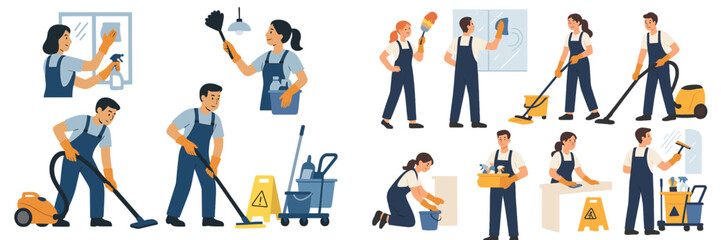 Set of professional cleaning service characters in uniform performing various housekeeping tasks with equipment like mops and vacuums