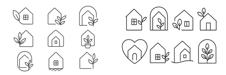 Eco house line icon set with leaf and plant symbols for sustainable living, green building, and real estate logos