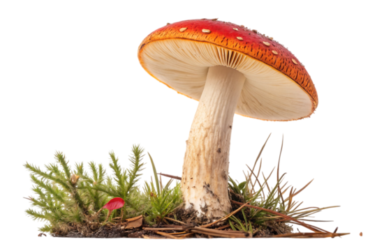 A colorful mushroom with a red cap in forest