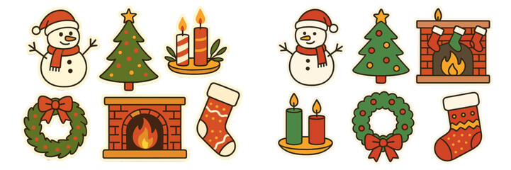 Set of cute retro Christmas stickers with snowman, tree, fireplace, wreath, and candles for festive holiday design