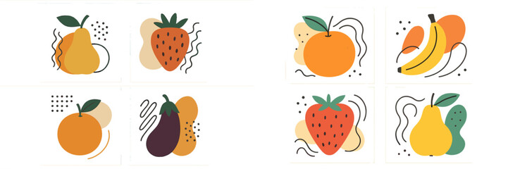 Modern abstract fruit and vegetable icon set with a paper cutout effect featuring pear, strawberry, orange, banana, and eggplant