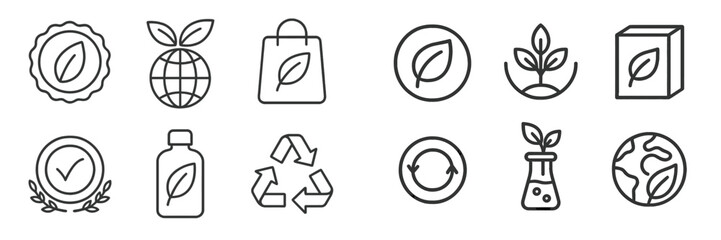 Eco friendly and sustainability line icon set for natural products and environmental care with symbols for recycling and packaging