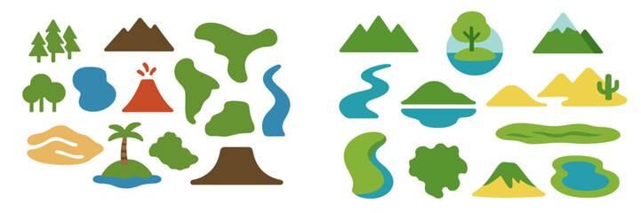 Collection of flat style nature and geography icons for map creation, including mountains, volcanoes, rivers, islands, and trees
