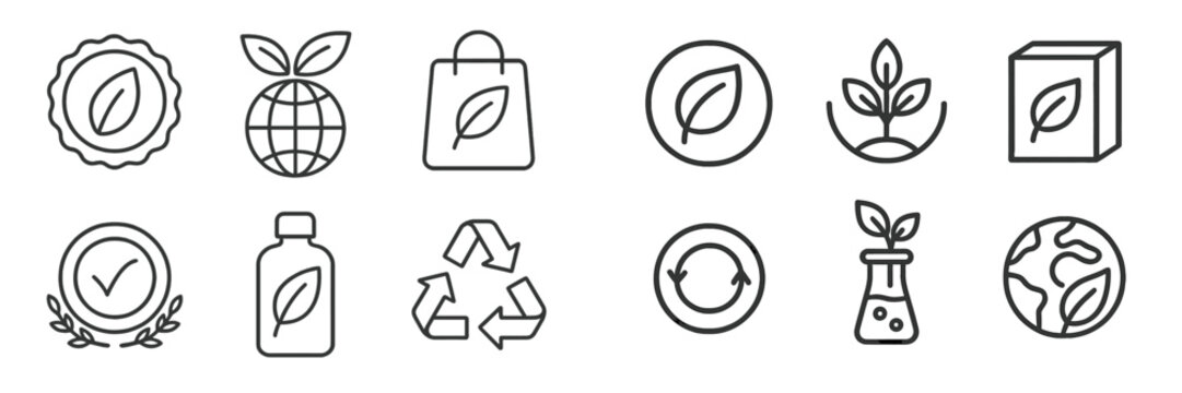 Eco friendly and sustainability line icon set for natural products and environmental care with symbols for recycling and packaging
