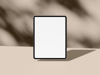 Clean tablet screen mockup with shadow on soft beige abstract background