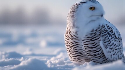 The snowy owl stands on the snow while observing the surrounding area. - Powered by Adobe