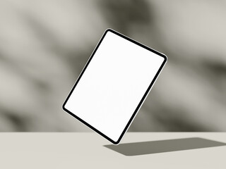 Floating angled tablet screen mockup with shadow on beige abstract surface