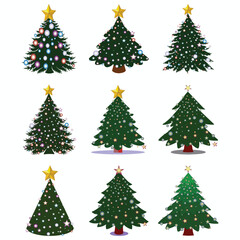 Collection of nine festive green christmas trees adorned with ornaments and golden star toppers on a white background