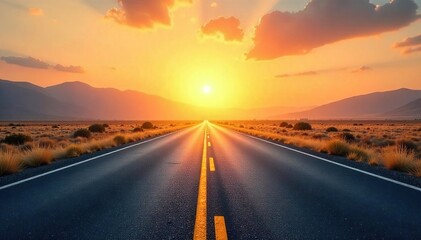 Endless asphalt ribbon disappearing into a hazy, sun-drenched horizon, promising adventure and open road freedom Perfect for travel, wanderlust, and journey concepts , haze, clouds