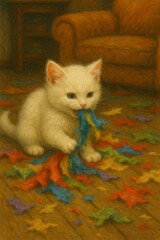 Whimsical Painting Style of White Cat Playing with Colorful Fabric in Cozy Home, Adorable white kitten playing on a wooden floor in a cozy home. Charming painting style illustration, for pet lovers