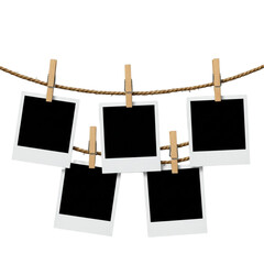 Blank Instant Photo Prints on Clothesline with Wooden Clips - Transparent Background