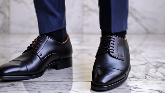 Wedding groom and memories, elegant black shoes on marble floor.