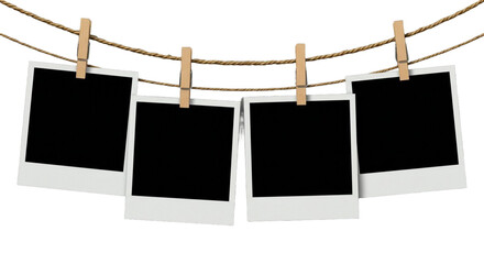 Blank Instant Photo Prints on Clothesline with Wooden Clips - Transparent Background