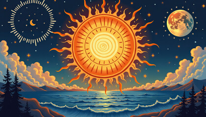 Radiant sun and Мoon phases over ocean waves in a magical cosmic scene