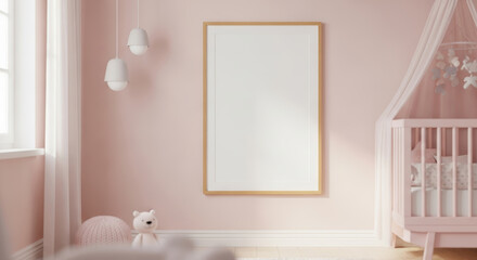 Serene nursery mockup featuring a blank picture frame, crib, and soft lighting for personalized decor