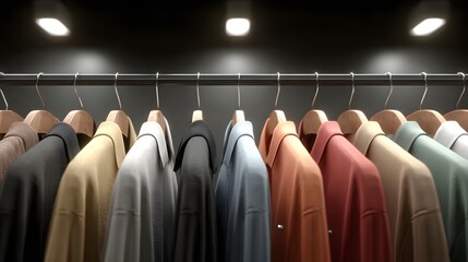 Stylish diverse shirts hanging in a closet, a modern wardrobe collection ideal for fashion blogs and retail