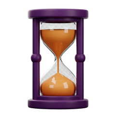 A stylized 3D render of an hourglass with orange sand, symbolizing the passage of time, patience, and waiting. Isolated on a transparent background