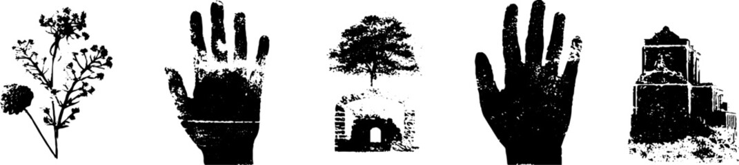 Grunge black and white silhouette set featuring hands, nature, and architecture