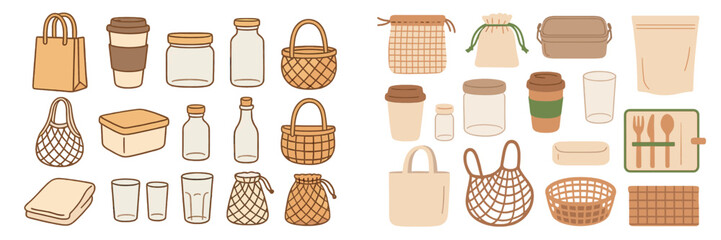 Collection of zero waste items including reusable bags, coffee cups, glass jars, and food containers for a sustainable lifestyle