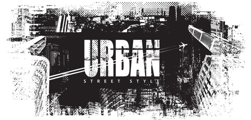 Abstract grunge vector banner with word Urban on the theme of urbanism and street art against the background of the architecture of a big city, newspaper clippings.T-shirt design, poster. No AI used © paseven