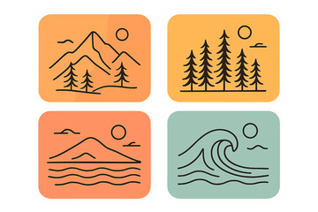 Set of four nature landscape icons in a minimalist line art style featuring mountains, pine tree forest, and an ocean wave with the sun