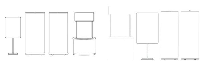Collection of blank exhibition display stands including roll-up banners and promotion counters for advertising mockups © Andrei