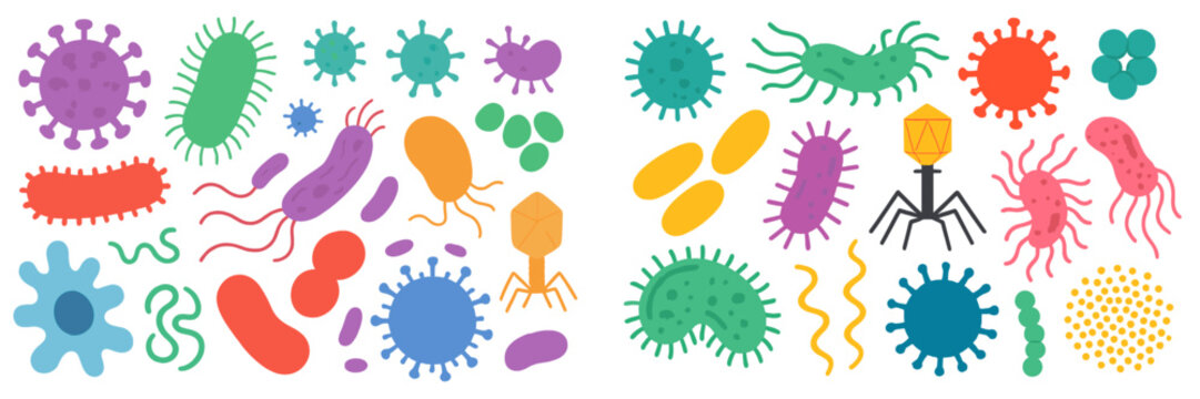 Large collection of colorful cartoon microbes, germs, and bacteria cells showing different types of microorganisms for science and medical concepts